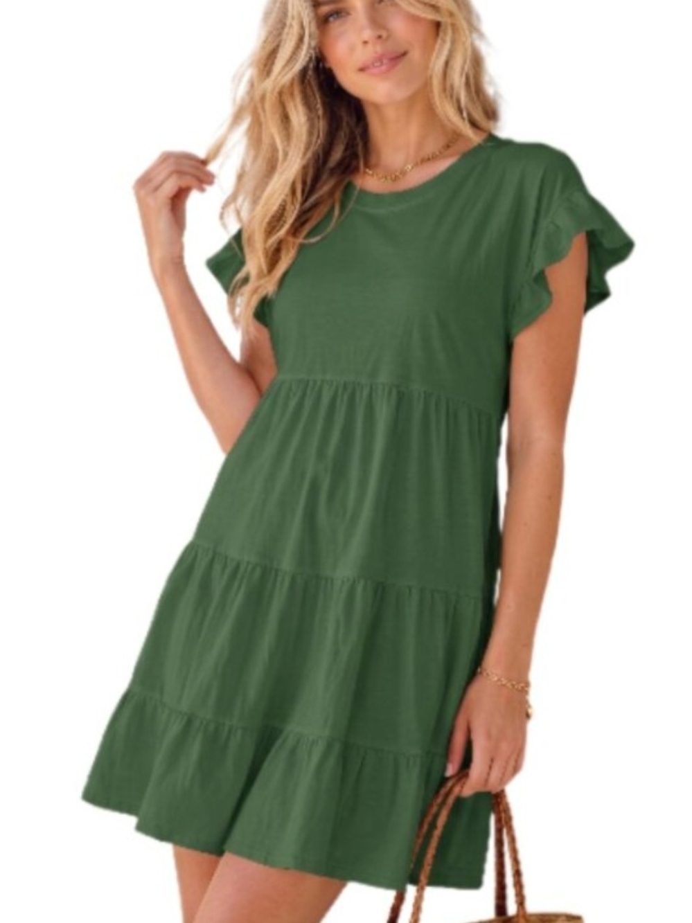 JCrew Casual Tiered Ruffle-Sleeve Dress in Forest Green